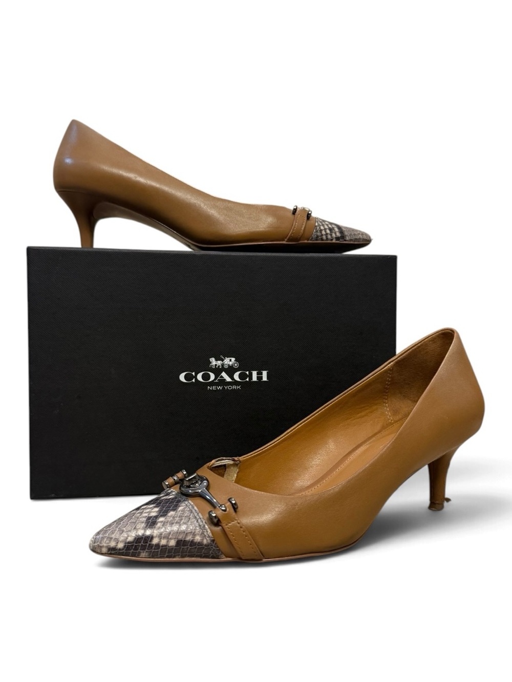 Coach Lauri Pumps 9M Saddle Brown Leather Snake Print Cap Toe Kitten Heels